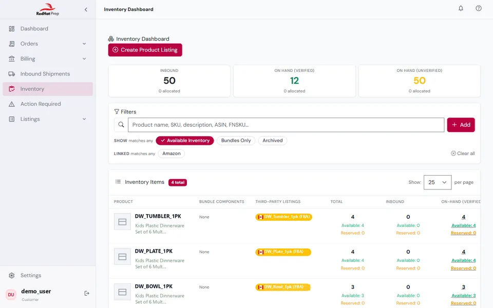RedHat Prep client portal inventory page (sample data)