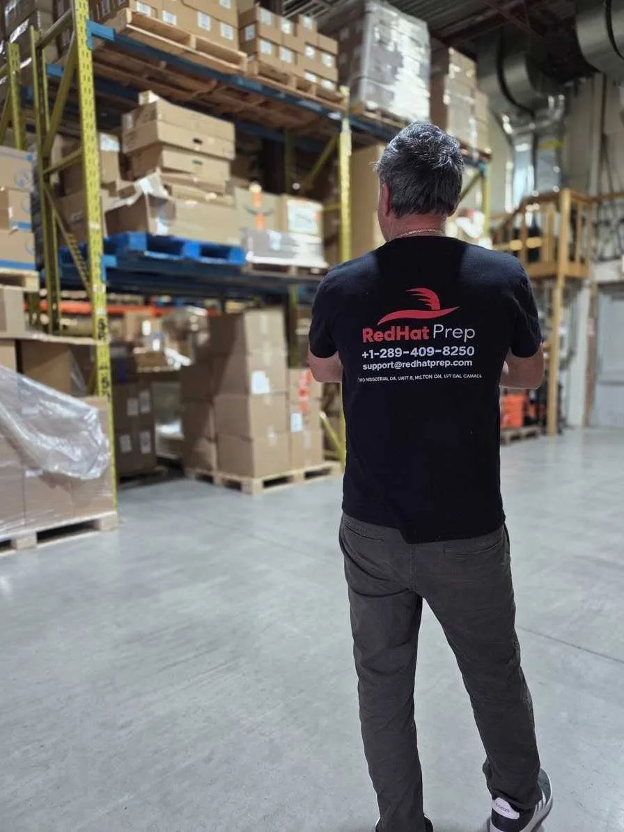 A RedHat Prep team member walking the warehouse floor in Milton